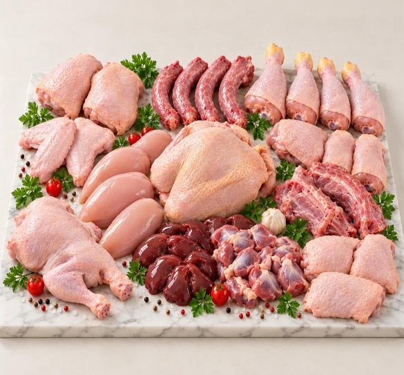 鶏肉各部位（フィレ、もも肉、ドラムスティック、手羽）